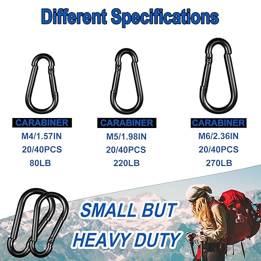 40PCS M6 Black Carabiner Clip, 2.36Inch Snap Hook Quick Link Small Carabiner Clips,Spring Link Buckle for Fishing Camping Hammock Dog Leashes-270LBS Holding Capacity