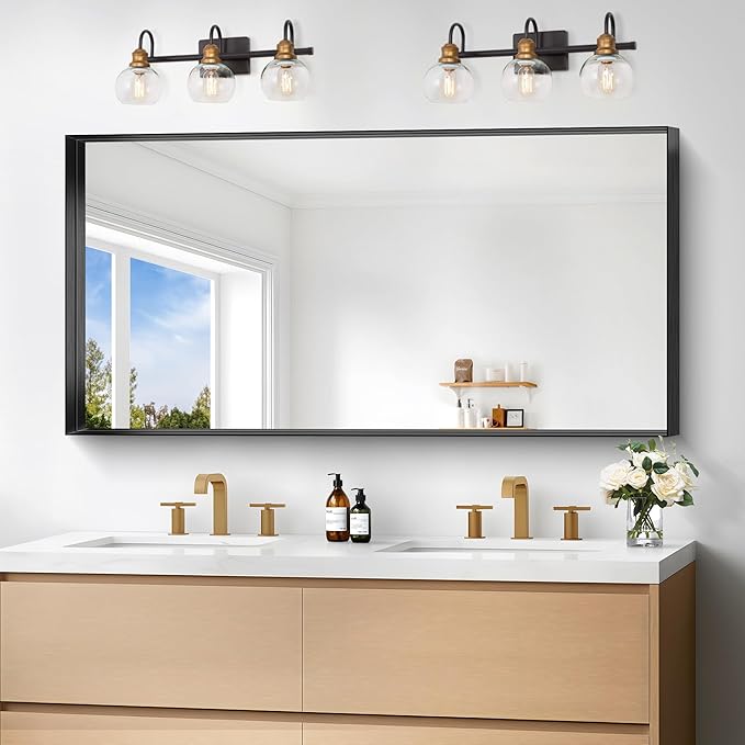 Black Bathroom Mirror, 24x48 Inch Rectangular Framed Mirror, Large Wall Mounted Bathroom Vanity Mirror Over Sink for Bedroom,Restroom, Living Room, Hangs Vertically or Horizontally-FlexoryFit