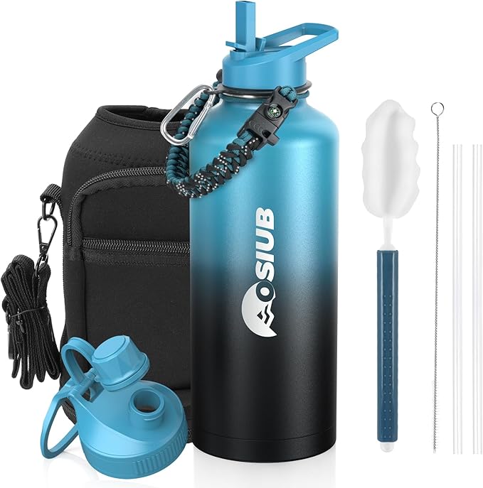 Insulated Water Bottle 87 oz, Triple Wall Vacuum Stainless Steel(Cold for 48 Hrs),Leak Proof & BPA-Free,Half Gallon Water Bottle with Reflective Paracord & Flip Straw for Sports & Travel, Indigolack-FlexoryFit