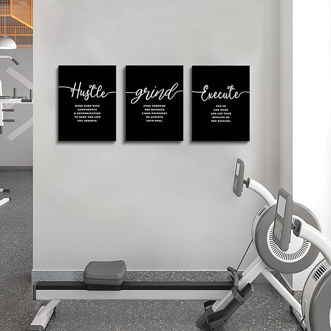 Office Decor - Hustle Quotes Execute Prints, Framed Canvas Wall Art Grind Quote, Office Wall Art, Black Large Poster, Positive MotivationalPrints, Inspirational Print (F-3pcs,12x16inchx3pcs)-FlexoryFit