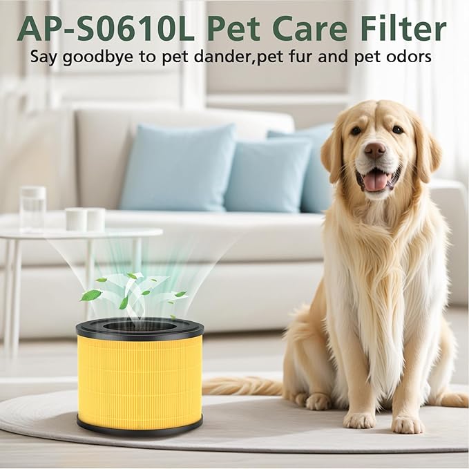 2 Pack AP-S0610L Pet Filter Replacement for MOOKA AP-S0610L Air Purifier, 3-IN-1 Hepa Filter, High-Efficiency Activated Carbon Air Filter for Pet Odor, Dander, Yellow