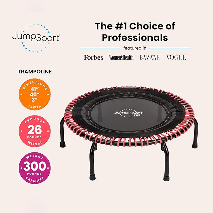 JumpSport 350 PRO Indoor Heavy Duty Fitness Trampoline, 39-inch | 36 Premium EnduroLast 4 Elastic Cords | Customized Bounce with 7 Settings | 300 lb Wt. Rating | 60-Day Free Trial to 350+ Videos-FlexoryFit