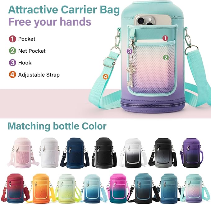 Insulated Water Bottle | Thickened Stainless Steel Vacuum Metal | Portable Sports Half Gallon Large Water Jug for Gym and Hiking with Straw, Carrier Bag, Handle Strap | BPA-Free 64 oz-FlexoryFit