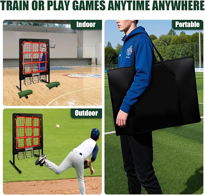 9 Hole Pitching Net, Heavy-Duty Baseball Net with Strike Zone for Pitching and Hitting, Height Adjustable Training Equipment with 9 Pocket Pitching Target for Baseball & Softball Practice-FlexoryFit