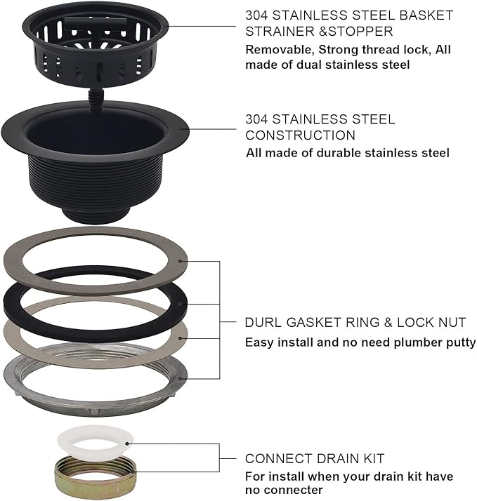 3-1/2 Inch Matte Black All Stainless Steel Kitchen Sink Drain Strainer Assembly with Strainer Basket, Drain Stopper Replacement for 3.5 Inch Kitchen Sink