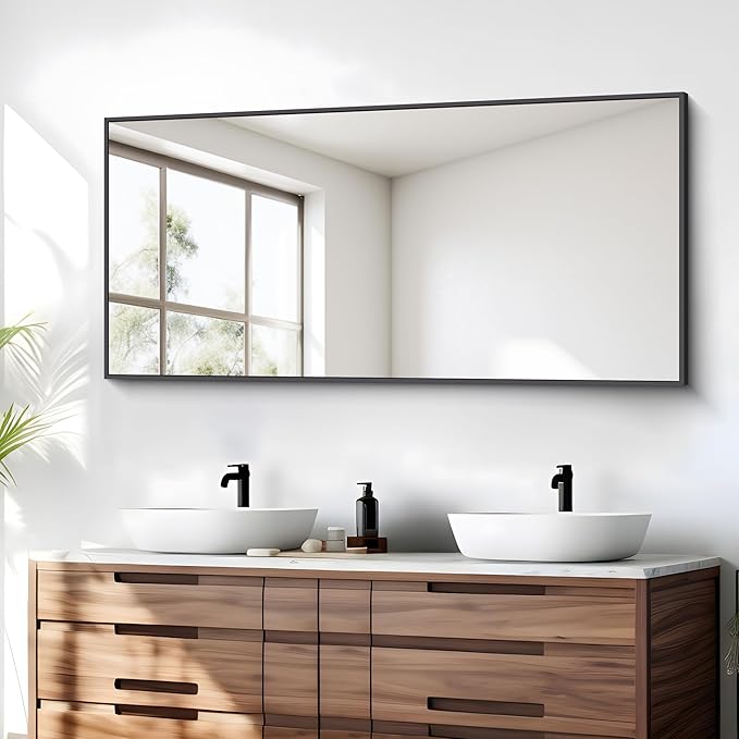 Bathroom Mirror,24x48 inch Wall Mirror for Bathroom Wall Mounted Black Rectangle Square Corner Mirrors, Black Bathroom Mirror for Living Room, Farmhouse, Bedroom Entryway, Horizontal/Vertical