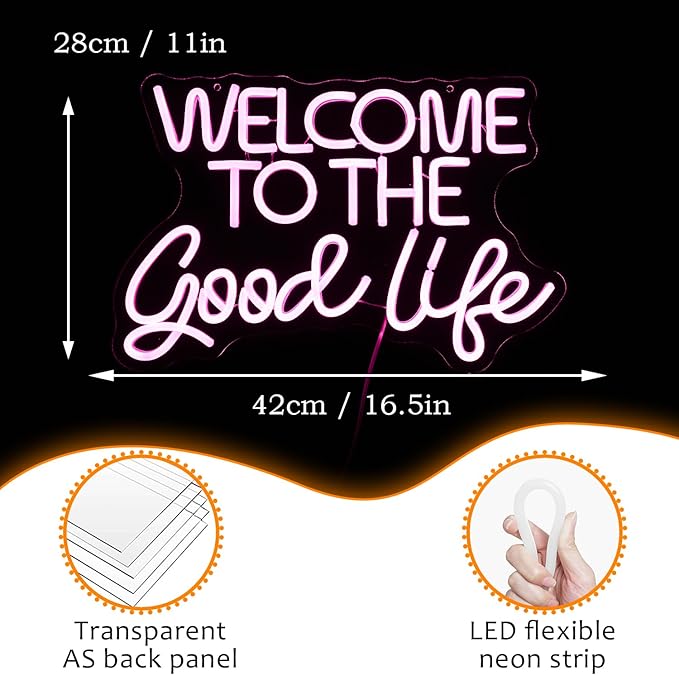 Welcome To The Good Life Neon Sign Letter LED Neon Lights Dimmable USB Powered 16.5’’X11’’Cool Wall Decorative Light Bedroom Kids Room Birthday Party Bar Decoration Gifts for Friend(Pink)