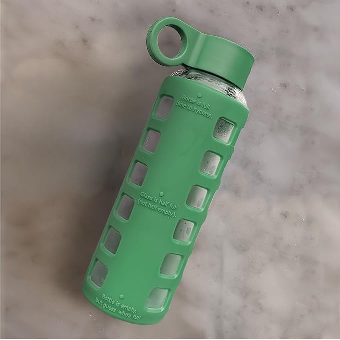 purifyou 40oz / 32oz / 22oz / 12oz Borosilicate Glass Water Bottle with Time & Volume Markers, Silicone Sleeve, Stainless Steel Lid | Reusable Glass Bottle for Water & Juice (12oz Shale Green)