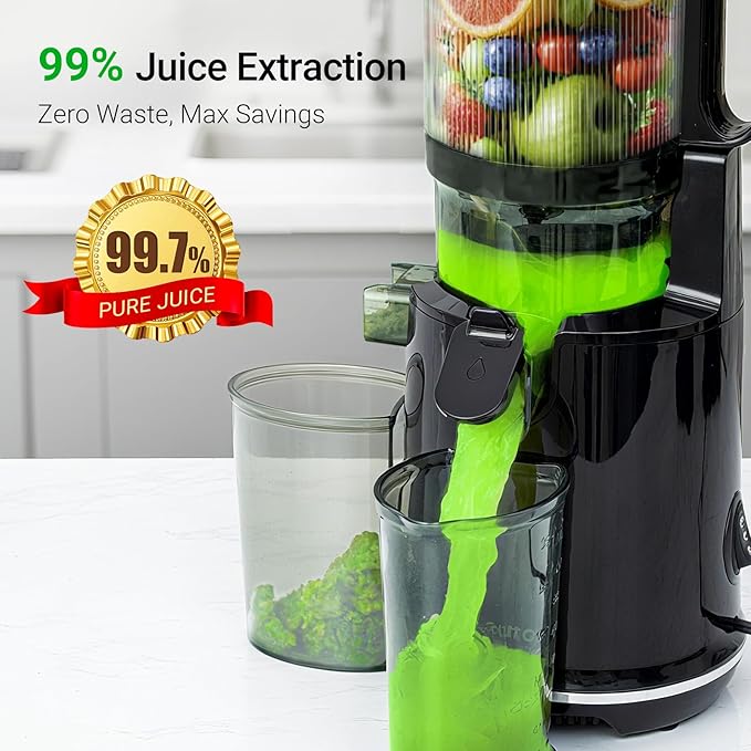 Juicer Machines,Aeitto Cold Press Juicer with 5.3“ Extra Large Feed Chute for Whole Fruits & Vegetables, Juice Extractor Machine, Self Feeding, Easy to Clean, High Juice Yield, Black-FlexoryFit