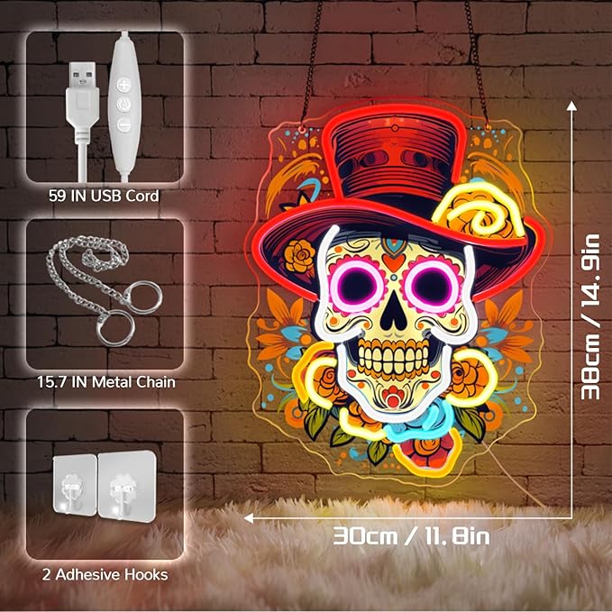 Day of the Dead Neon Sign - Mexican Sugar Skull LED Neon Light for Home & Bar Decor,UV Printed Art with Flexible LED Strip,Halloween & Día de Muertos Party Decoration (Red)