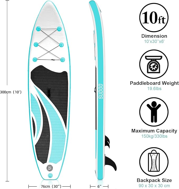 Inflatable Stand Up Paddle Board 10โx30โโ- Ultra-Light SUP with Backpack, Pump, Paddle, Coil Leash, 3 Fins, Repair Kit, Stable Design, Non-Slip EVA Deck for Adults & Youth