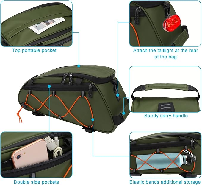 MOSISO Bike Rack Bag with 2 Removable Panniers, Waterproof Bike Trunk Cooler Storage Handbag Insulated Bicycle Rear Seat Pouch, Bicycle Storage Saddle Shoulder Bag Cycling Luggage Pouch, Army Green