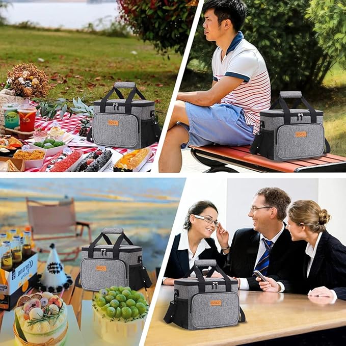 iknoe Thickened Lunch Bag - Soft Coolers Insulated, Leak Proof Tote with Zippered Top - Great for Work, Picnic, Beach - 18-Can Capacity, Grey-FlexoryFit