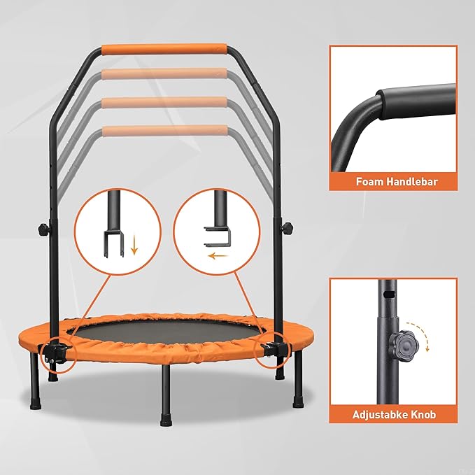 HYD-Parts 40" 48" Mini Trampoline for Adults and Kids Exercise Rebounder with Adjustable Bar Fitness Trampoline Indoor Max Load 330 440lbs-FlexoryFit