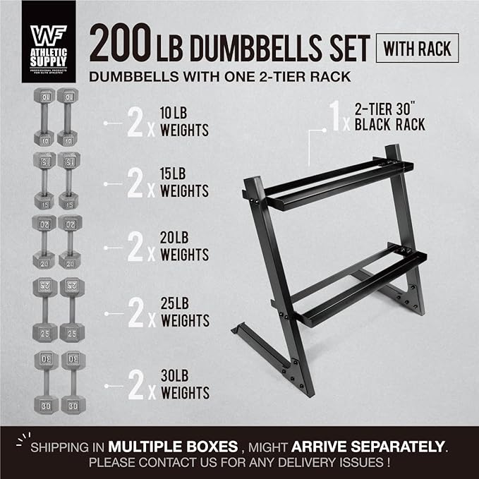 WF Athletic Supply 200Lb Dumbbell Set, 10-30Lb Dumbbell Set with Two-Tier Storage Rack for Muscle Toning, Strength Building & Weight Loss - Multiple Choices Available-FlexoryFit