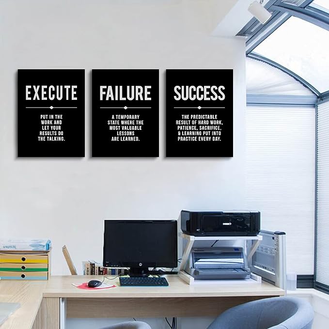 Framed Canvas Wall Art Success Quote For Office, Black Large Positive Motivational Poster, Set of 3, Execute Failure Definition, Inspirational Print (A-3pcs,12x16inchx3pcs)-FlexoryFit