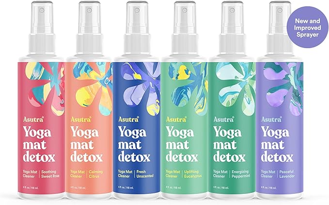 ASUTRA Yoga Mat Cleaner Spray Variety Pack (All Scents), 4 fl oz (Pack of 6) - No Slippery Residue, Organic Essential Oils, Deep-Cleansing for Fitness Gear & Gym Equipment, Microfiber Towels Included-FlexoryFit