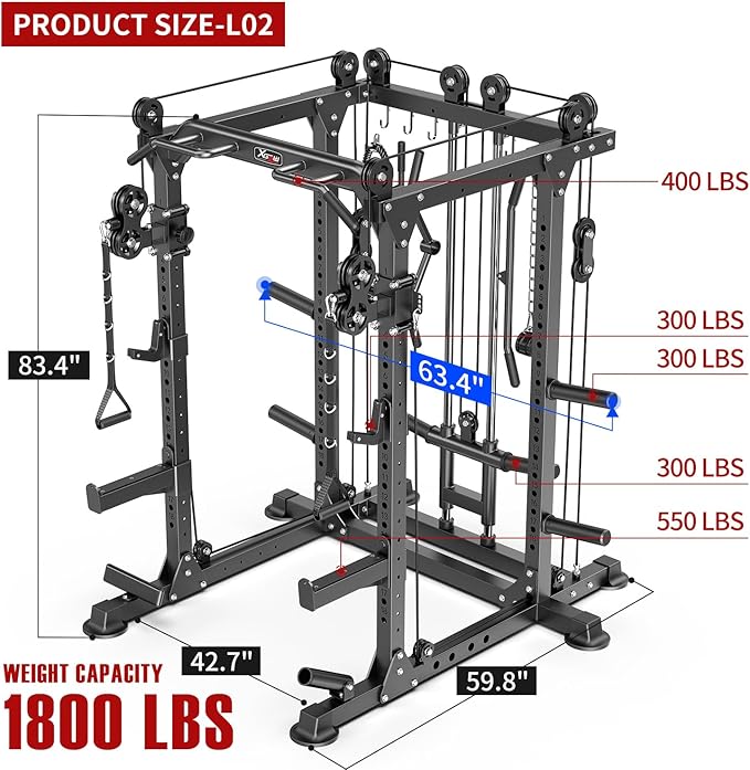 Power Cage,1600lbs Multi-Function Power Rack with Adjustable Cable Crossover System and More Training Attachment, Weight Cage for Home Gym-FlexoryFit