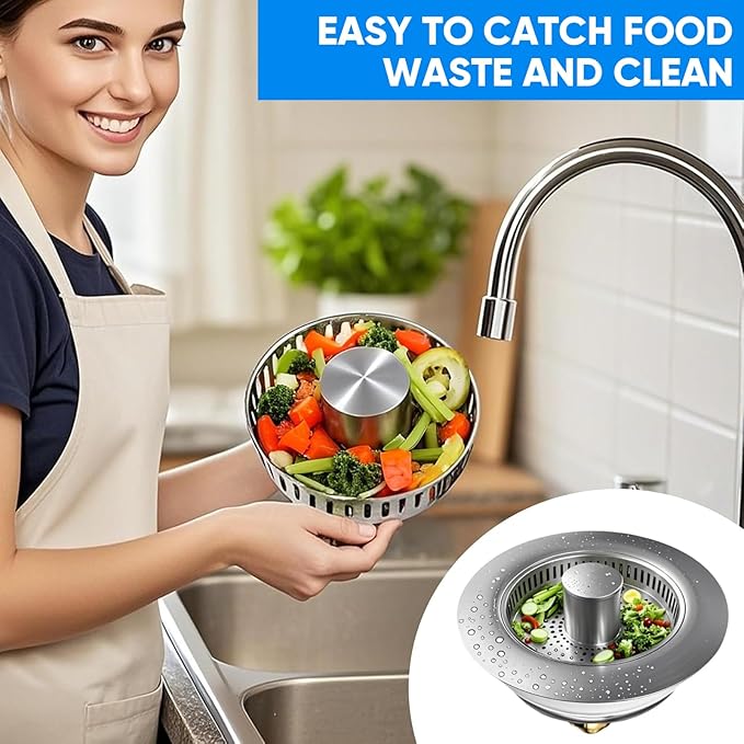 Upgraded 3-in-1 Kitchen Sink Drain Strainer Stopper 2025|Rust-Proof Strainer Basket |Universal Fit for Standard 3.5" Drains |Anti-Clog&Odor Filter |Efficient Drainage (Stainless Steel, 1 PC)