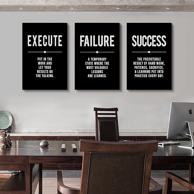 Framed Canvas Wall Art Success Quote, Office Wall Art, Black Large Poster, Positive Motivational Set of 3 Prints, Execute Failure Definition, Inspirational Print (A-3pcs,16x24inchx3pcs)-FlexoryFit