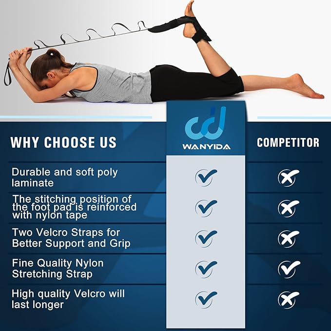 Foot and Calf Stretcher for Plantar Fasciitis, Achilles Tendonitis, Heel Spurs, Drop Foot. Yoga Stretching Strap for Leg, Thigh and Hamstring (Black)-FlexoryFit