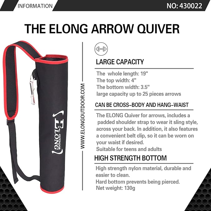 YLS Archery Hip and Back Quiver for Arrows - Black Arrow Quiver for Kids and Adults - Adjustable Arrow Holder with a Padded Strap and Belt Clip - Archery Accessories for Field and Practice