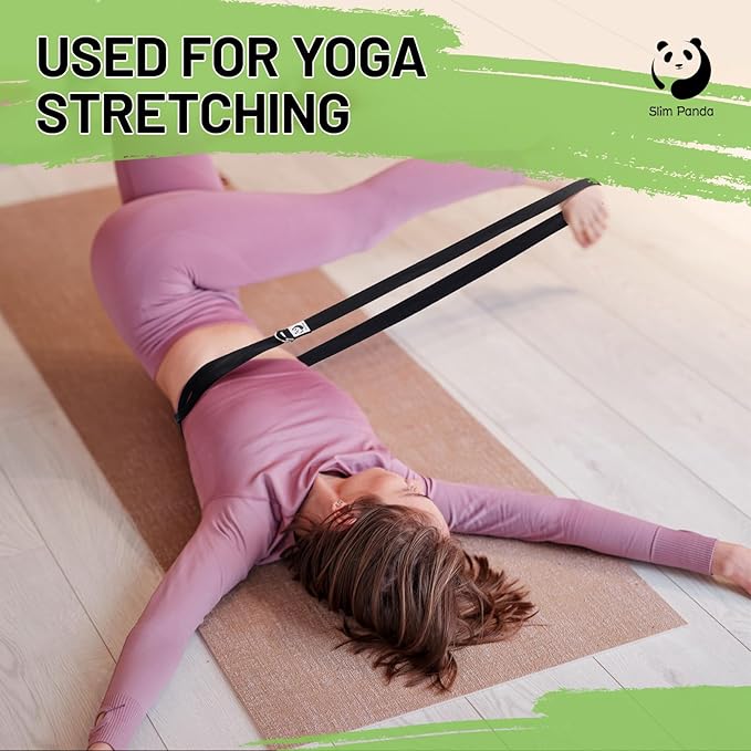 Slim Panda Yoga Strap for Stretching,Cotton Yoga Strap with Adjustable D-Ring Buckle,Non-Elastic Yoga Belt for Pilates,Gym Workouts,Physical Therapy,Improve Flexibility-FlexoryFit