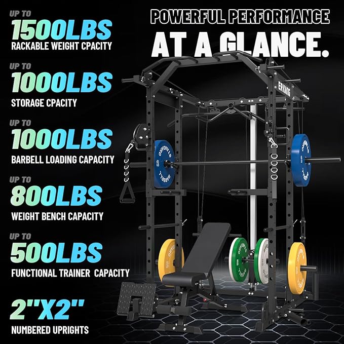 Mikolo Power Cage, Power Rack with Cable Crossover System, 1500LBS Squat Rack with LAT Pull Down System, Workout Cage with Pulley System for Fitness Home Gym-FlexoryFit