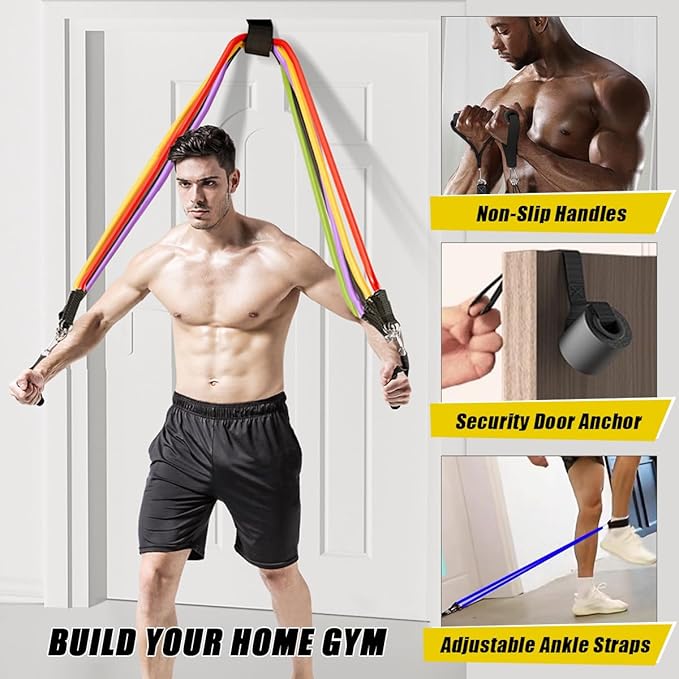 23 Pack Resistance Bands Set Workout Bands, 5 Stackable Exercise Bands 5 Loop Resistance Bands 2 Core Sliders, Door Anchor Handles Ankle Straps Carry Bag Instant Cooling Towel Wrist Wraps-FlexoryFit