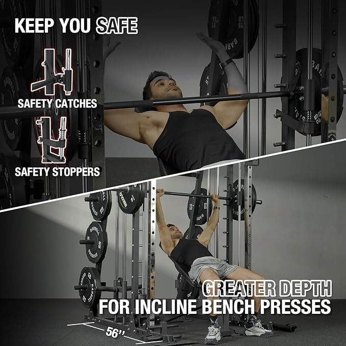 Mikolo Smith Machine, 2200lbs Squat Rack with LAT-Pull Down System & Cable Crossover Machine, Training Equipment with Leg Hold-Down Attachment-FlexoryFit