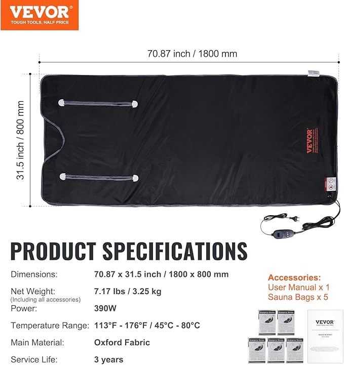 VEVOR Sauna Blanket, Portable Far Infrared Sauna for Home, Oxford Sauna Bag w/Arm Holes & Carbon Fiber Heating, 1-6 Level Adjustable Temp 95-176℉, 5-60 Minutes Timer, 71 x 31 in