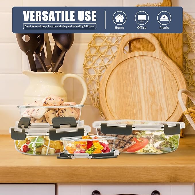 12 Pack Glass Food Storage Containers, Glass Storage Containers with Lids for Meal Prep, Lunch, Airtight, Freezer to Microwave Safe (12 Lids & 12 Containers)-FlexoryFit