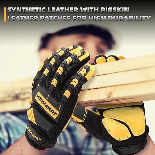 JUMPHIGH Safety Work Gloves, Synthetic Leather Impact-Resistant Heavy Duty Mechanic Gloves, Sensitive Touch Screen, Flexible Grip Gloves for Work (L)-FlexoryFit