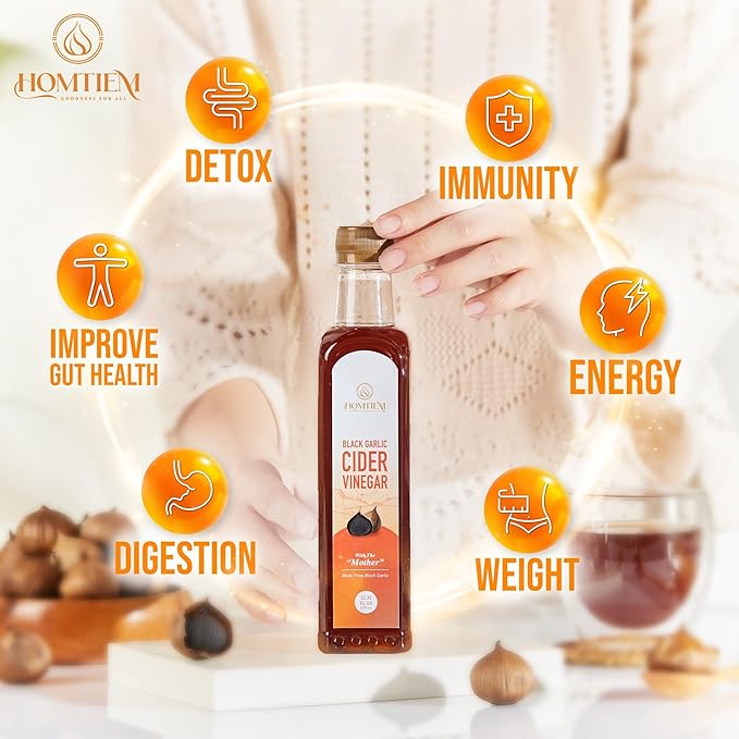 Homtiem Black Garlic Cider Vinegar – Naturally Fermented Vinegar Made with Black Garlic and Cider Vinegar, Gluten Free, Rich in Health Benefits, Ideal for Salad Dressings, Sauces, Drinks, and Healthy Recipes (350ml, Pack of 2)-FlexoryFit