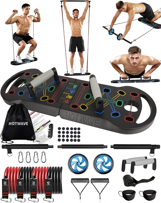 HOTWAVE Portable Exercise Equipment with 16 Gym Accessories.20 in 1 Push Up Board Fitness,Resistance Bands with Ab Roller Wheel,Full Body Workout at Home-FlexoryFit