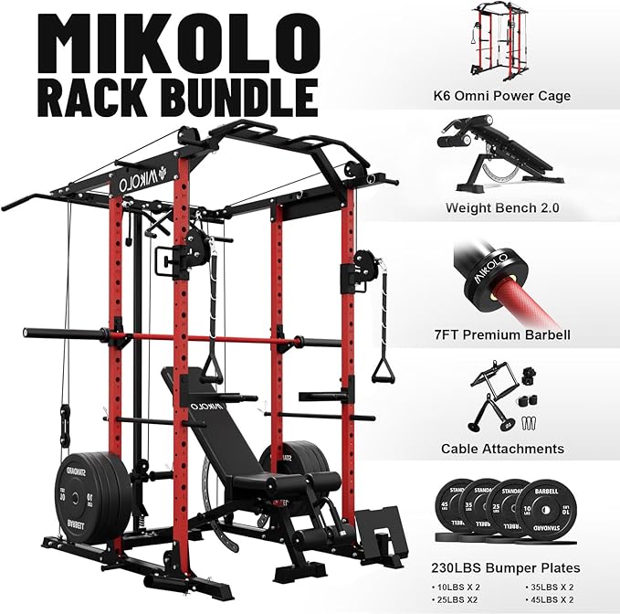 Mikolo Power Cage, Power Rack with Cable Crossover System, 1500LBS Squat Rack with LAT Pull Down System, Workout Cage with Pulley System for Fitness Home Gym-FlexoryFit
