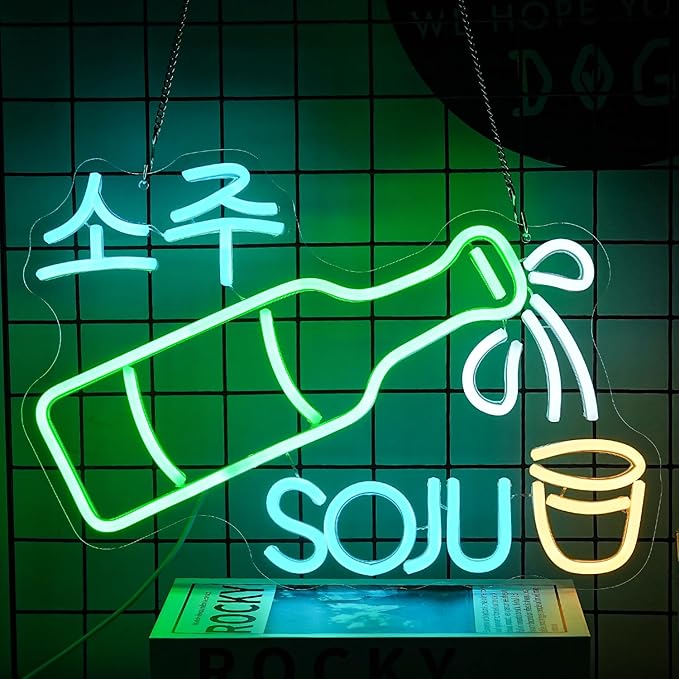 Soju Neon Sign Korean Soju Neon Light Soju Colorful LED Neon Light Korean Led Neon Sign for Bar Korean Restaurant Kitchen Restaurant Wine Cellar Decoration