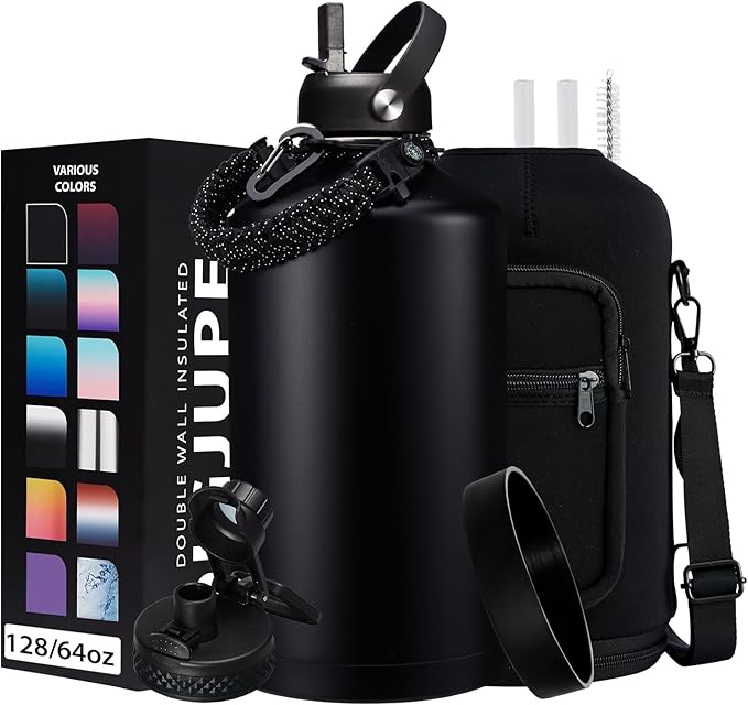 128OZ Insulated Water-Bottles with Strap - 1 Gallon Large Water Jug with Straw & Spout Lid, Stainless Steel Water Bottle Leak Proof, Cold-48h Hot-24h Metal Water Flask w/Paracord Handle, Carrier Bag-FlexoryFit