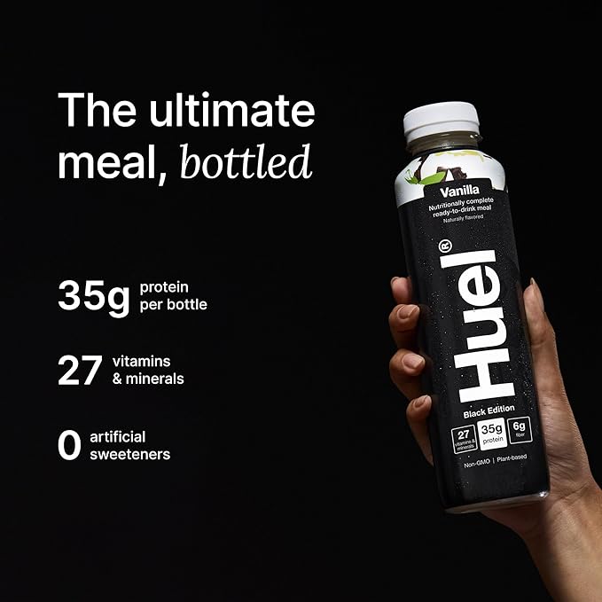Huel Black Edition Ready-to-Drink | Vanilla Meal Replacement Shake | 35g High Protein Drink | 27 Vitamins & Minerals, Vegan, Gluten Free | Plant Based | High Fiber, Low Sugar | 16.9 Fl Oz, 12 Pack-FlexoryFit