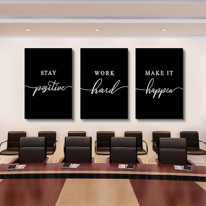 Work Hard Canvas Wall Art - Success Quote, Office Decor - Black Large Poster, Positive Motivational Set of 3 Prints (16x24in x 3pcs)-FlexoryFit