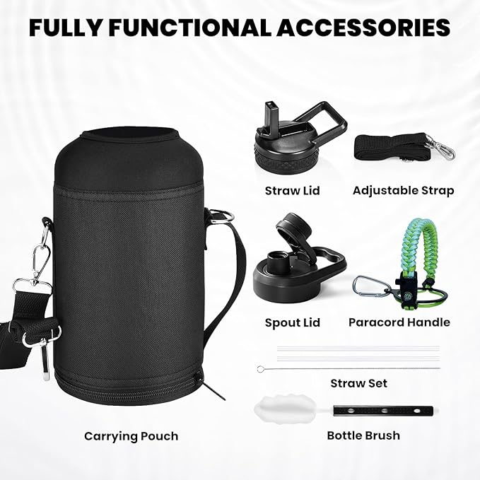 Insulated Water Bottle 64 oz, Triple Wall Vacuum Stainless Steel (Cold for 48 Hrs), Leak Proof & Non-BPA, Half Gallon Water Flask Jug with Paracord Handle & Straw Spout Lids-FlexoryFit
