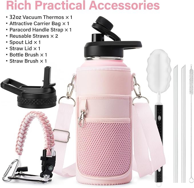 Insulated Water Bottle | Thickened Stainless Steel Vacuum Metal | Portable Sports Water Jug for Gym and Hiking with Straw, Carrier Bag, Handle Strap | BPA-Free 32 oz, Pink-FlexoryFit
