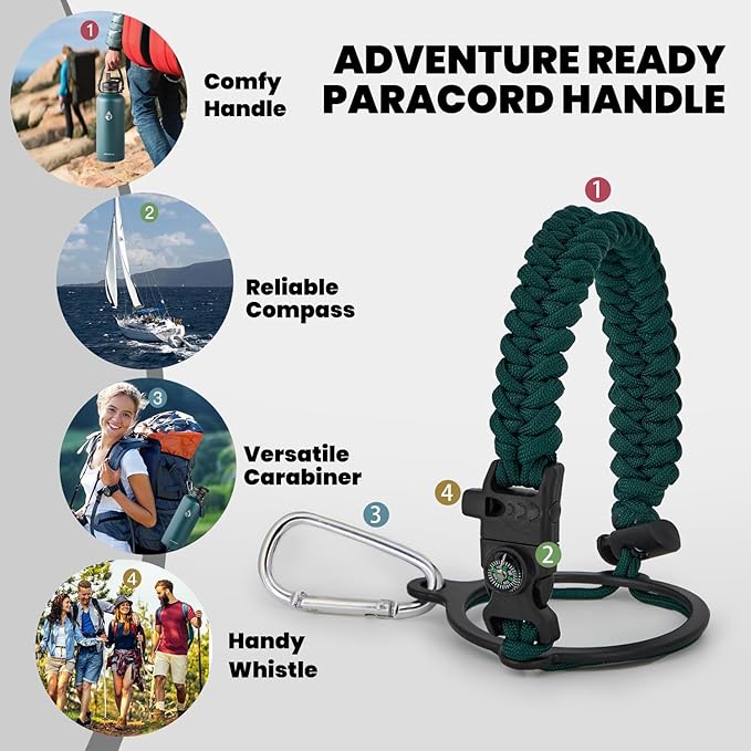 Insulated Water Bottle 87 oz, Triple Wall Vacuum Stainless Steel (Cold for 48 Hrs), Leak Proof & Non-BPA, Modern Water Flask Jug with Paracord Handle & Straw Spout Lids, Dark Green-FlexoryFit
