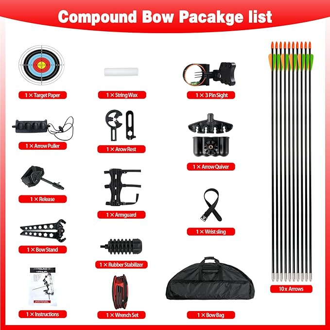 Youth Compound Bow Set 15-45 Lbs for Teens and Beginner, Package with Archery Hunting Equipment, Max Speed 260fps, Adjustable, Right Hand