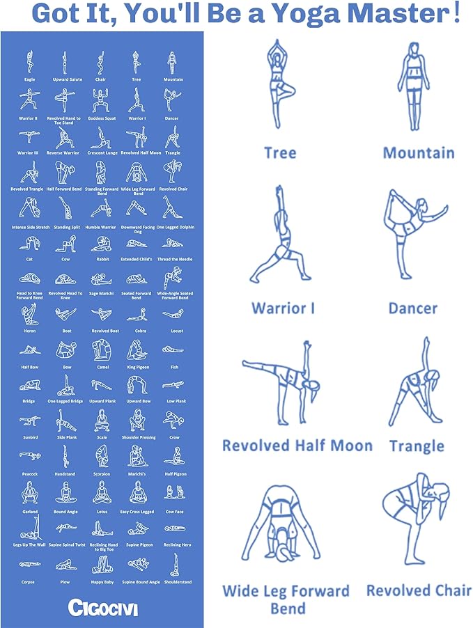 Instructional Travel Yoga Mat with 75 Poses & Exercises - Non-slip Exercise Mat for Home Workout, Includes Carrying Bag - Perfect for Beginners, 68"x24"x0.25"-FlexoryFit