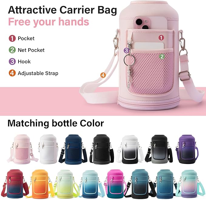 Insulated Water Bottle | Thickened Stainless Steel Vacuum Metal | Portable Sports Half Gallon Large Water Jug for Gym and Hiking with Straw, Carrier Bag, Handle Strap | BPA-Free 64 oz-FlexoryFit