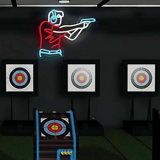 Man Shooting Neon Sign Gun Led Light Up Sign Game Player Gifts Dimmable Shooting Decor for Gun Club Decor Man Cave Game Room 15"×11.9"-FlexoryFit