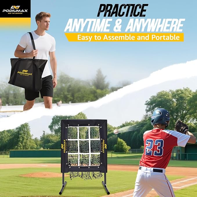 PodiuMax Baseball Pitching Net, 9 Hole Pitching Net with Strike Zone, 5 Adjustable Heights Baseball Throwing Net for All Ages, Heavey Duty Solo Trainer with Carry Bag for Backyard Practice