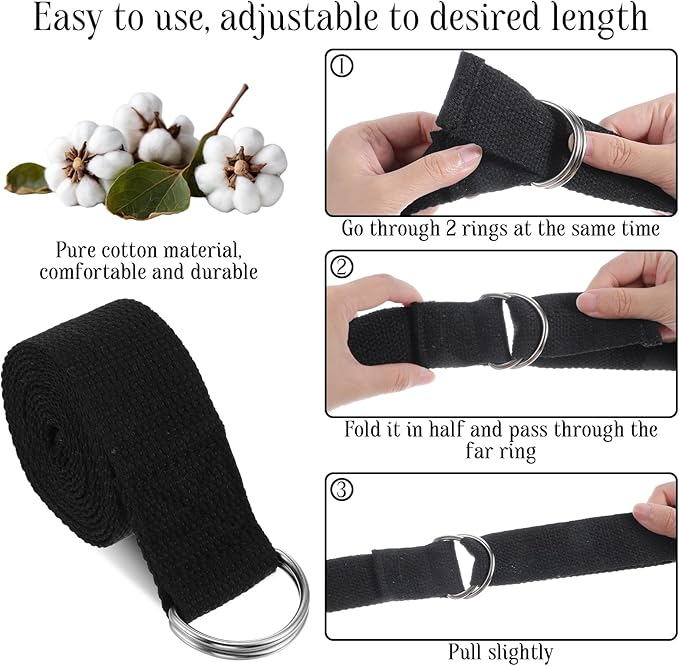 12 Pack Yoga Straps for Stretching, 6 Ft Black Exercise Bands with Adjustable D Ring Buckles for Pilates, Gym Fitness, Flexibility Training, Men Women-FlexoryFit