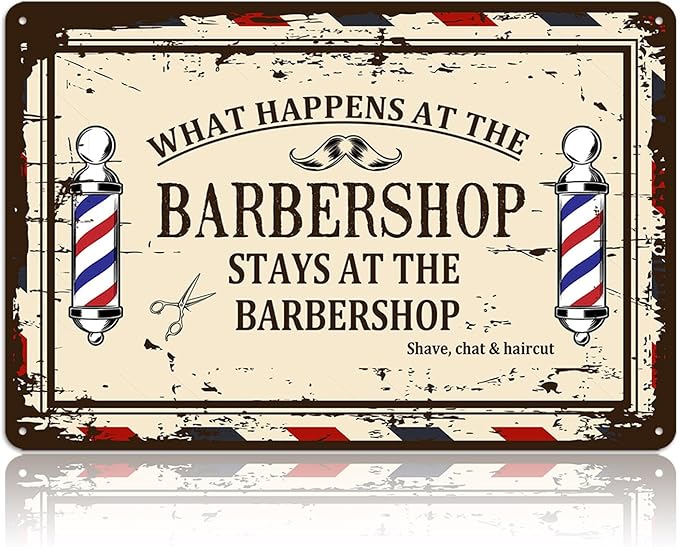 Barber Shop Decor Accessories - Vintage Barbershop Metal Tin Signs Haircut Wall Art Posters Gifts for Men Decorations - What Happens At The Barbershop Stays At The Barbershop Sign 8x12 Inch-FlexoryFit
